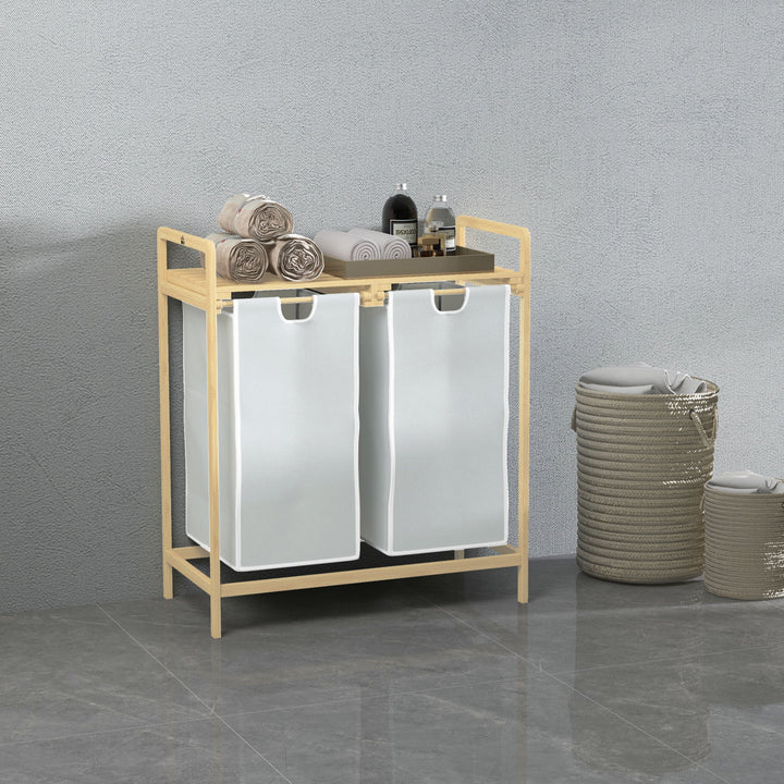 Vasketøjskurv med 2 vasketøjsposer, 1 hylde, bambus, 63,5 cm x 33 cm x 73 cm, lysegrå + natur