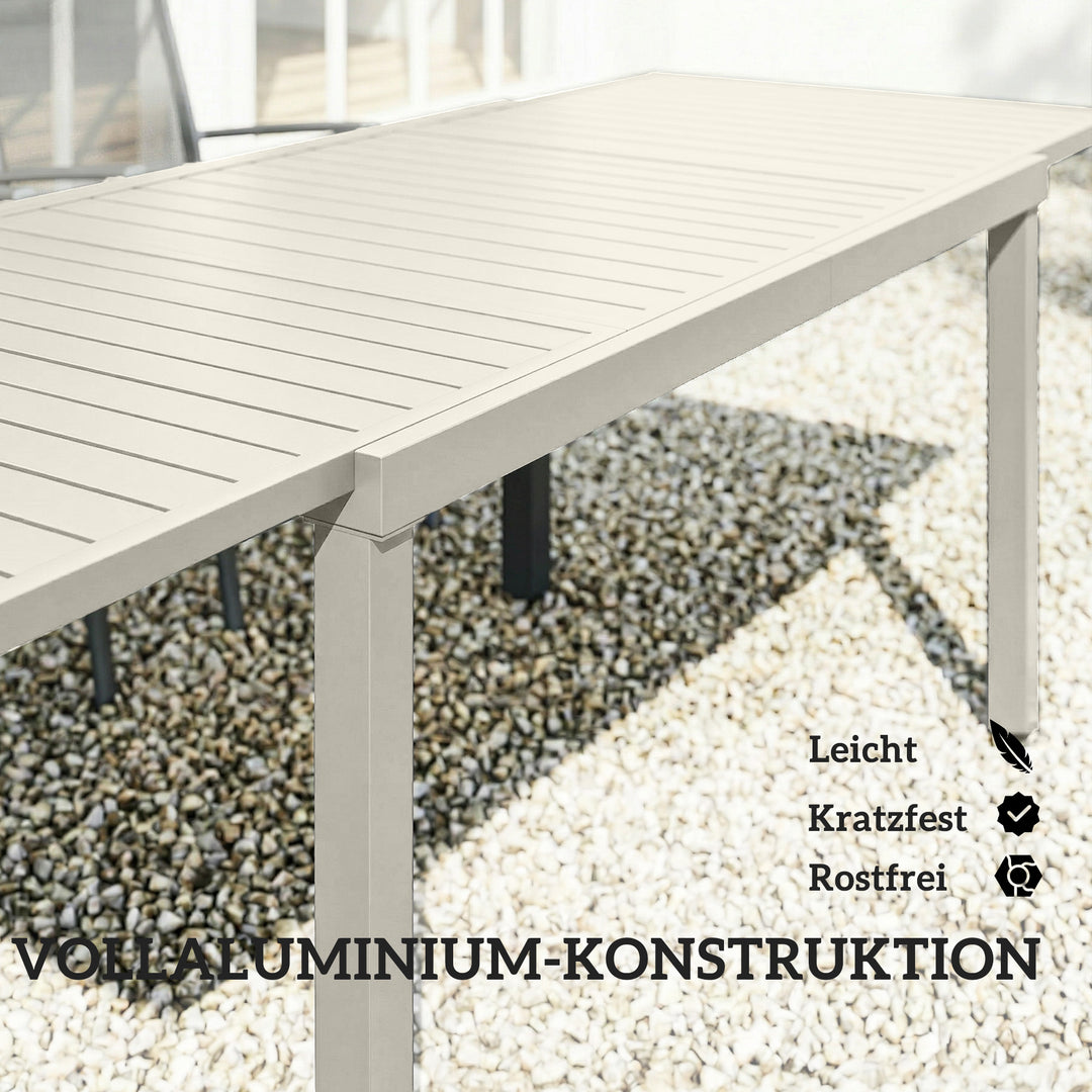 Udtrækkeligt havebord 150/225 x 85 cm, aluminiums spisebord til 6-8 personer, rektangulært, til haven, lameldesign