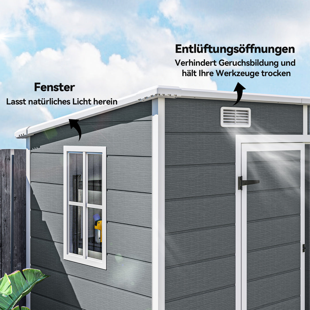 2,4 x 1,3 m haveskur, plastik havehus med gulv, vindue, aflåselige døre, til have, terrasse, grå