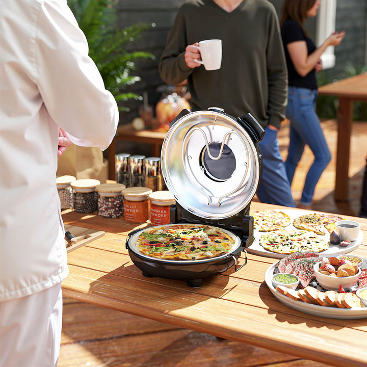 Elektrisk pizzaovn 430 °c, 1200 watt pizzabager med 30 cm stenplade, timer, vindue, rustfrit stål, sort