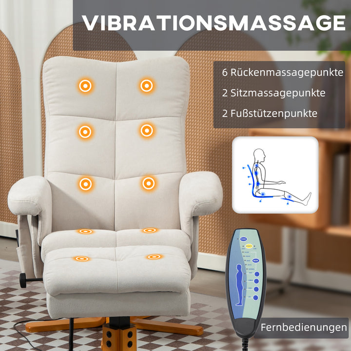 Massagestol med lænefunktion og fodskammel, 145° vipning, polyester, 80 x 86 x 99 cm, cremehvid