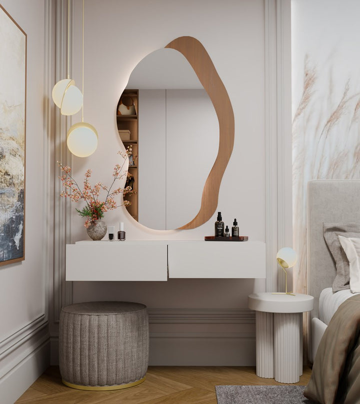 Elegant væghængt sminkebord med 2 skuffer, kashmir-farvet