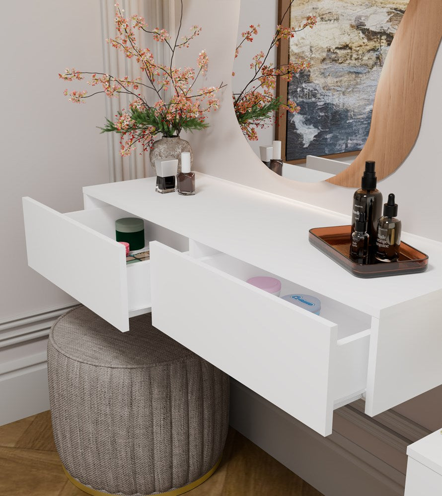 Elegant væghængt sminkebord med 2 skuffer, hvid
