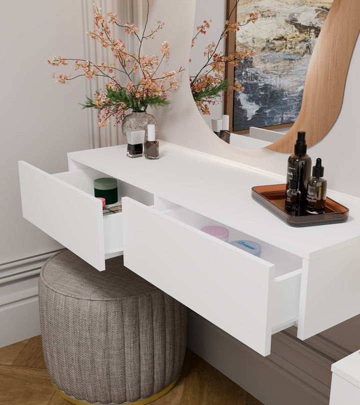 Elegant væghængt sminkebord med 2 skuffer, hvid