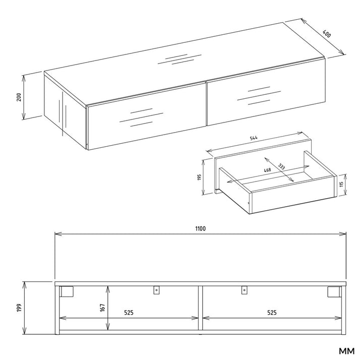 Elegant væghængt sminkebord med 2 skuffer, hvid