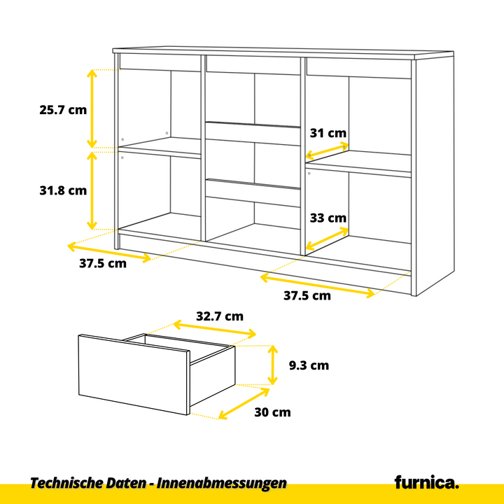 MIKEL - Kommode med 3 skuffer - antracit-grå / højglans hvid H75cm B120cm D35cm