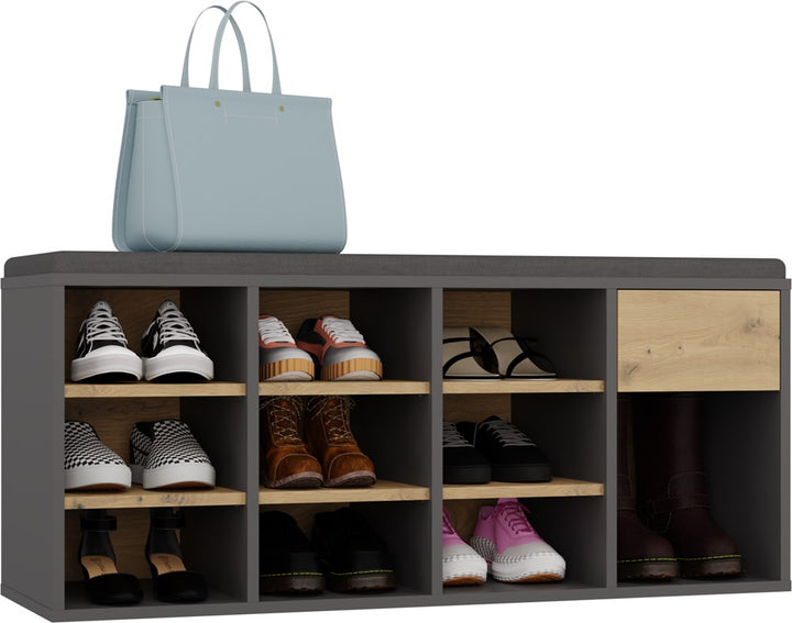Åben skobænk med skuffe, antracit og naturfarvet