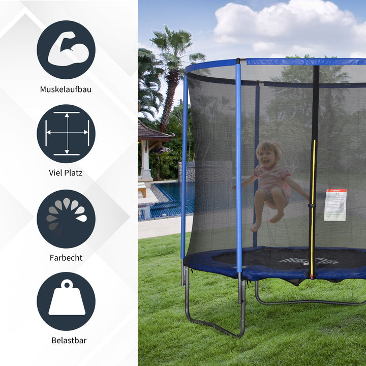 Trampolin med sikkerhedsnet havetrampolin til indendørs og udendørs brug fitnesstrampolin til børn og voksne stålblå+sort op til 113,6 kg ø244 x 240h cm