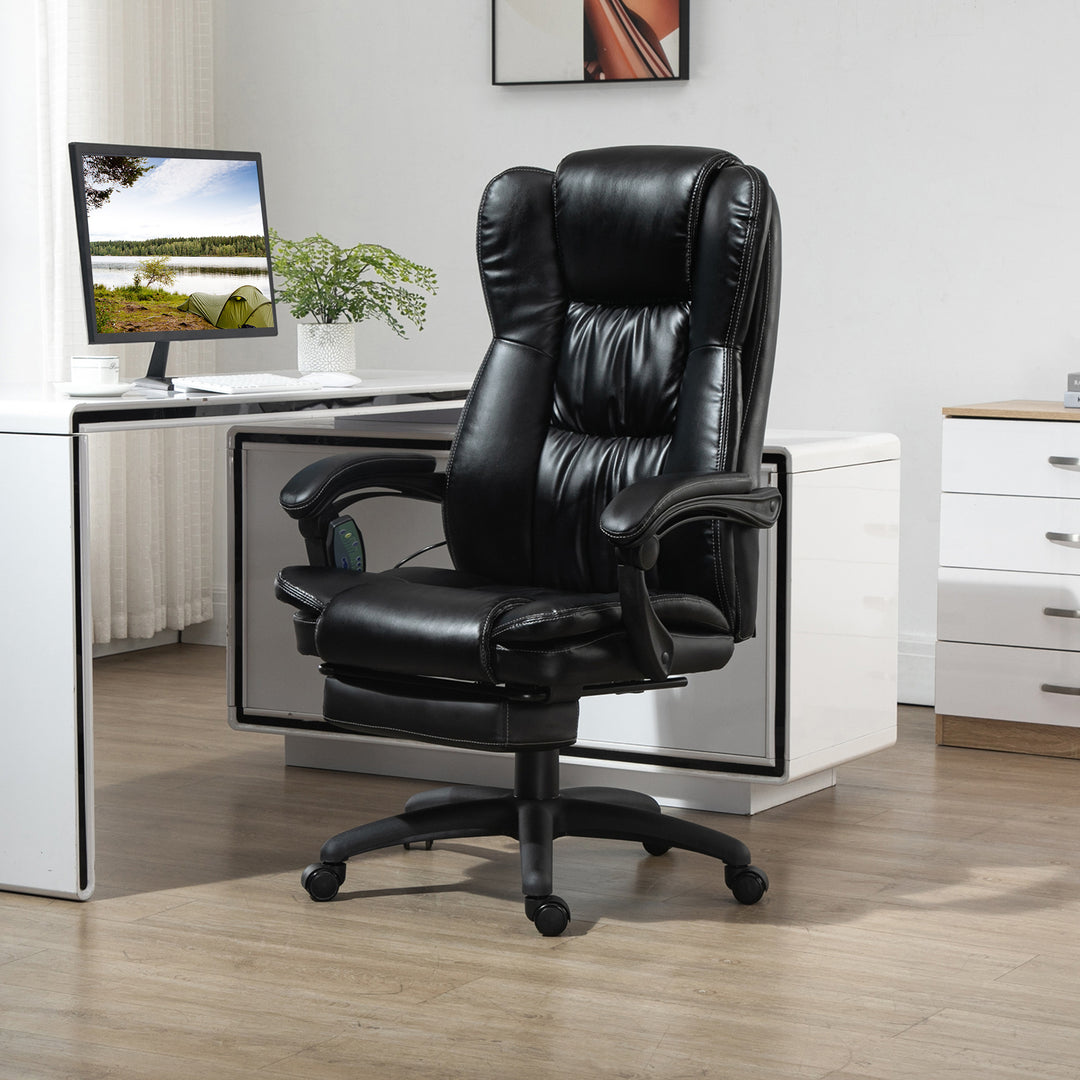 Justerbar drejestol med fodstøtte, nakkestøtte, massagefunktion, kunstlæder, 68,5 x 68,5 x 113-121 cm, sort