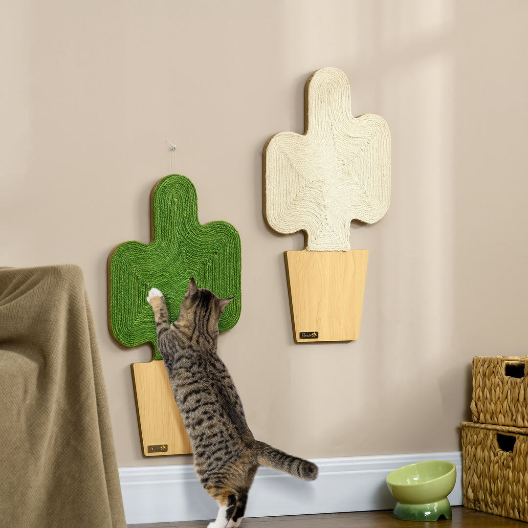 Sæt med 2 kradsetræer, kaktusdesign, vægmonteret, 30 cm x 60 cm, eg + hvid + grøn