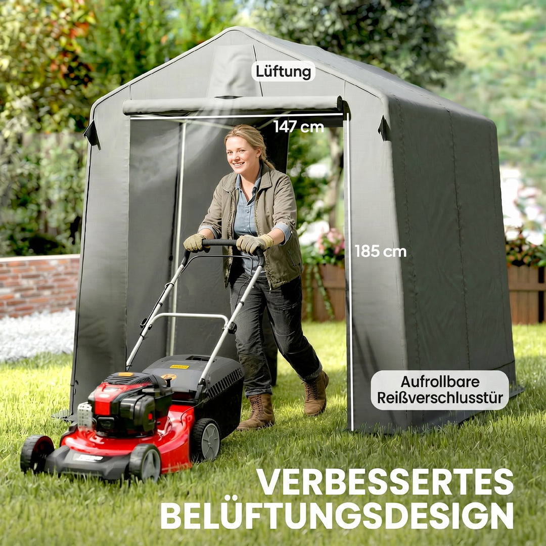 Garagetelt 2,3 x 1,9 m, vandafvisende udstyrstelt med rullestang, lynlåsdør, ventilation, gavltag, mørkegrå