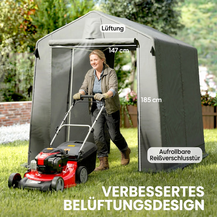 Garagetelt 2,3 x 1,9 m, vandafvisende udstyrstelt med rullestang, lynlåsdør, ventilation, gavltag, mørkegrå