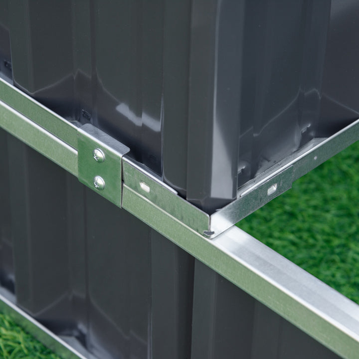 Højbed af stål, 3-lags havebed med t-formede plantemærker, handsker, plantebed, urtebed, blomstertrappe til altan, have, mørkegrå, 118 x 118 x 62 cm