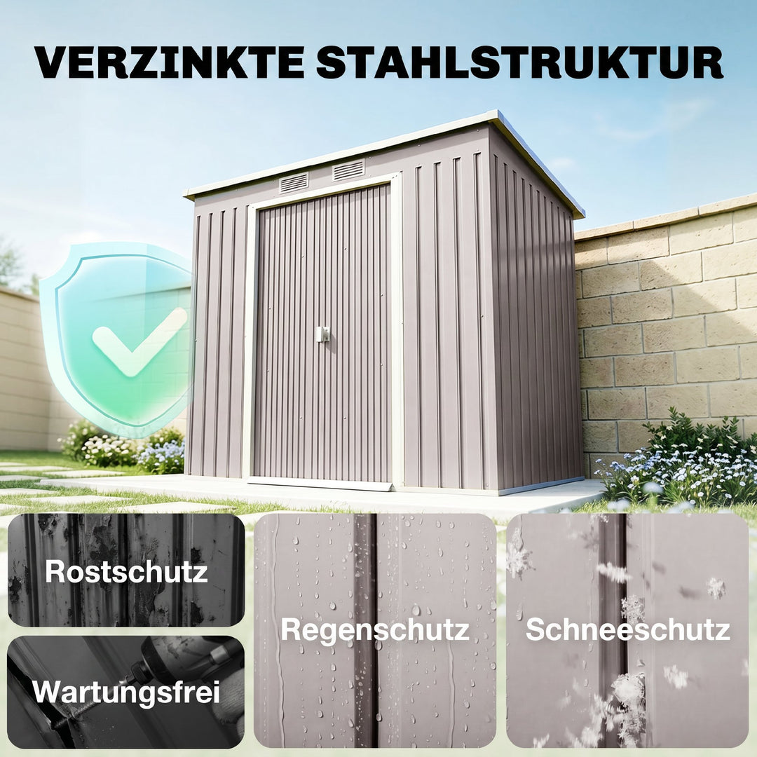 Haveskur med ventilationsvinduer, skydedøre, galvaniseret stål, 213 x 130 x 172 cm, lysegrå