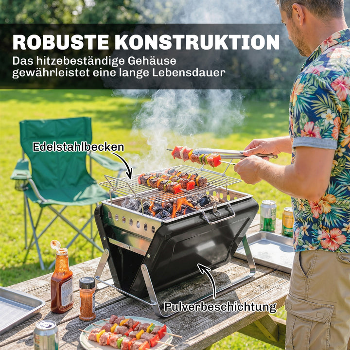 Rustfrit stål kulgrill BBQ-ryger med grillrist, håndtag og sammenklappelige ben til grill og camping, 40x28x25,5 cm, sort