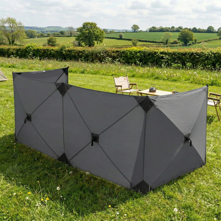 Sammenklappelig læhegn/campingskærm med barduner, jordpløkker og bæretaske til camping og havebrug, 480 x 120 cm, mørkegrå