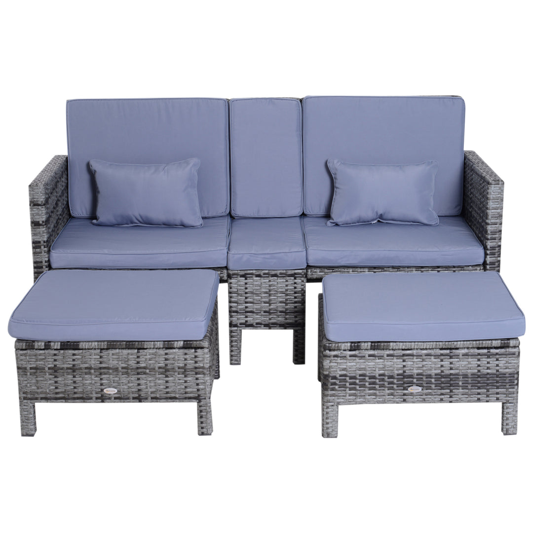 Havemøbler, 3-delt siddegruppe, udendørs sofa, 2 taburetter, 2-5 personer, sædehynder, rattan-look, grå