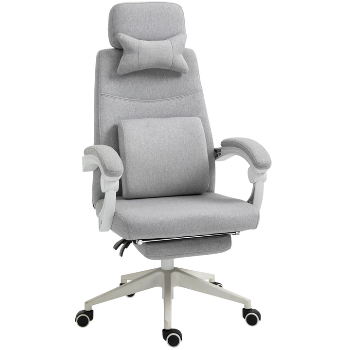 Kontorstol, ergonomisk skrivebordsstol med nakkestøtte, lændehynde, højdejusterbar gamingstol med fodstøtte, høj ryglæn, grå 62 x 68 x 117-127 cm
