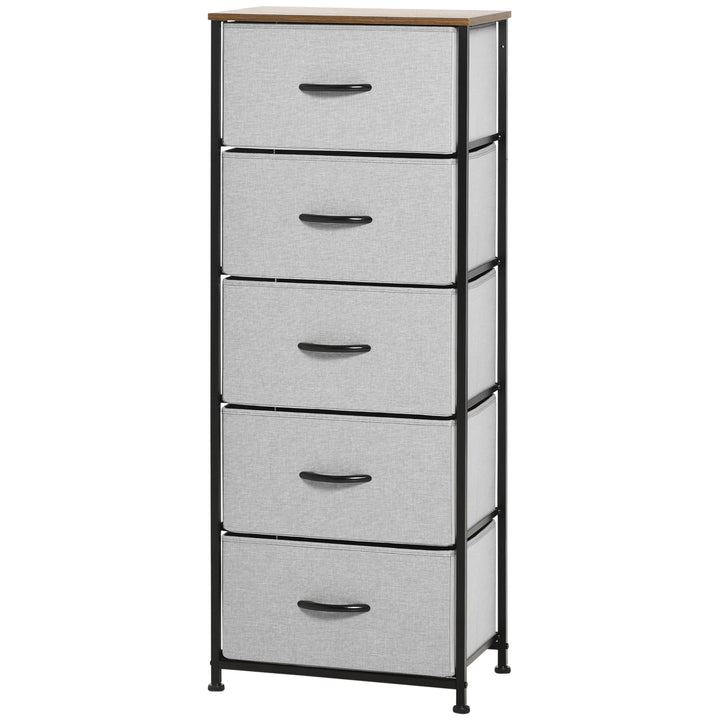 Kommode med 5 skuffer, stofopbevaring og håndtag, 45 x 30 x 116 cm, grå