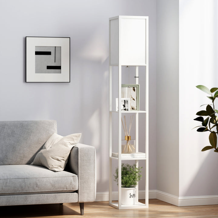 Gulvlampe med hylder, gulvlampe, træ, 26 x 26 x 160 cm, til stue/soveværelse (uden pære)