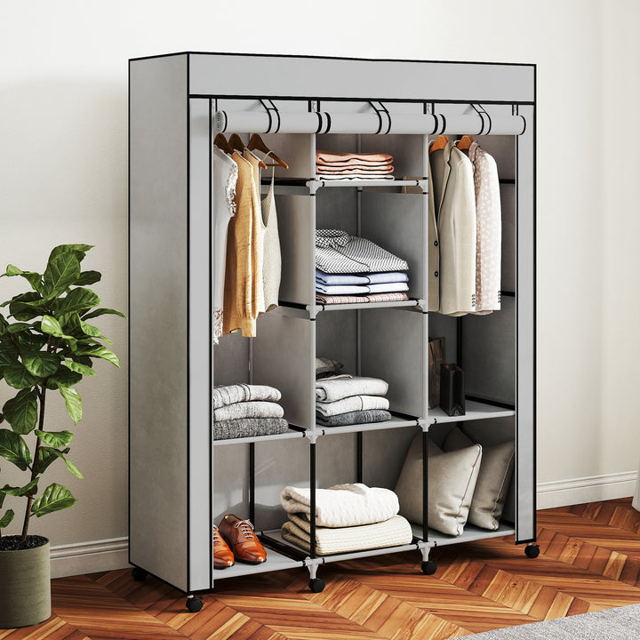 Stofgarderobe, opbevaringsløsning, 8 hylder, 2 garderobestativer, grå
