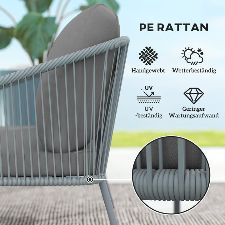 Havesofa med hynder, 2-personers rattansofa, loungesofa, udendørs balkonsofa, 112 x 72 x 76 cm, grå