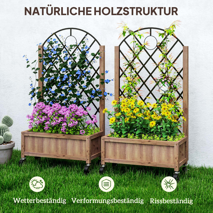 Sæt med 2 hævede havebede/plantekasser med hjul, espalier og plantepotter/blomsterkasser, træ, 52x25x97cm, brun