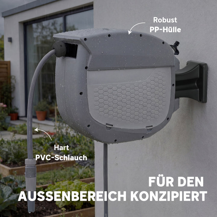 Slangeopruller med 20 m haveslange, 180° drejelig slangeboks med automatisk oprulning og selvlåsende mekanisme.