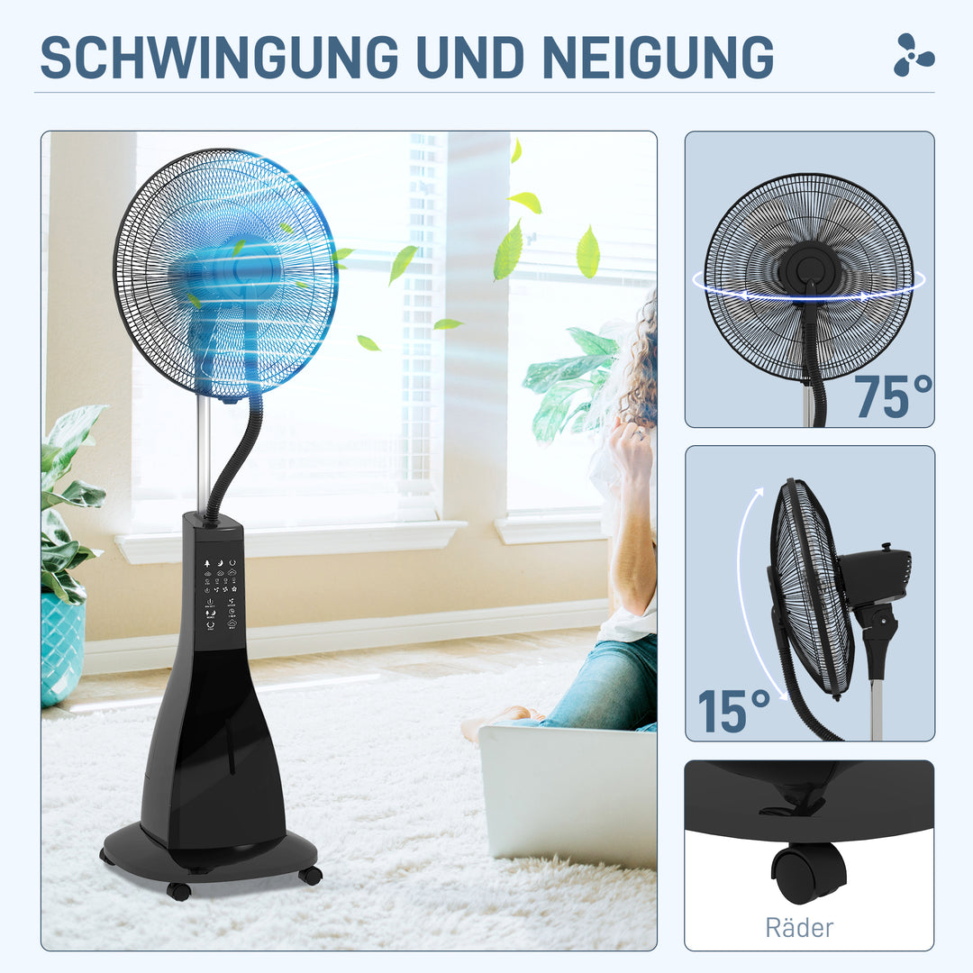 Sokkelventilator med befugtning, stille, bærbar, fjernbetjening, sort