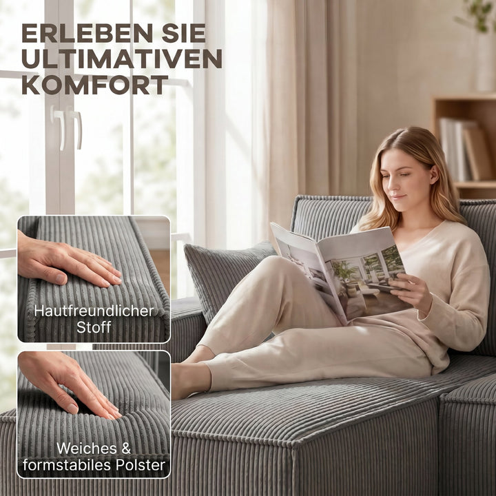 Hjørnesofa med dobbelt chaiselong, U-formet sofa i corduroystof med bredt og dybt sæde, hynder med fjederkerne, lysegrå