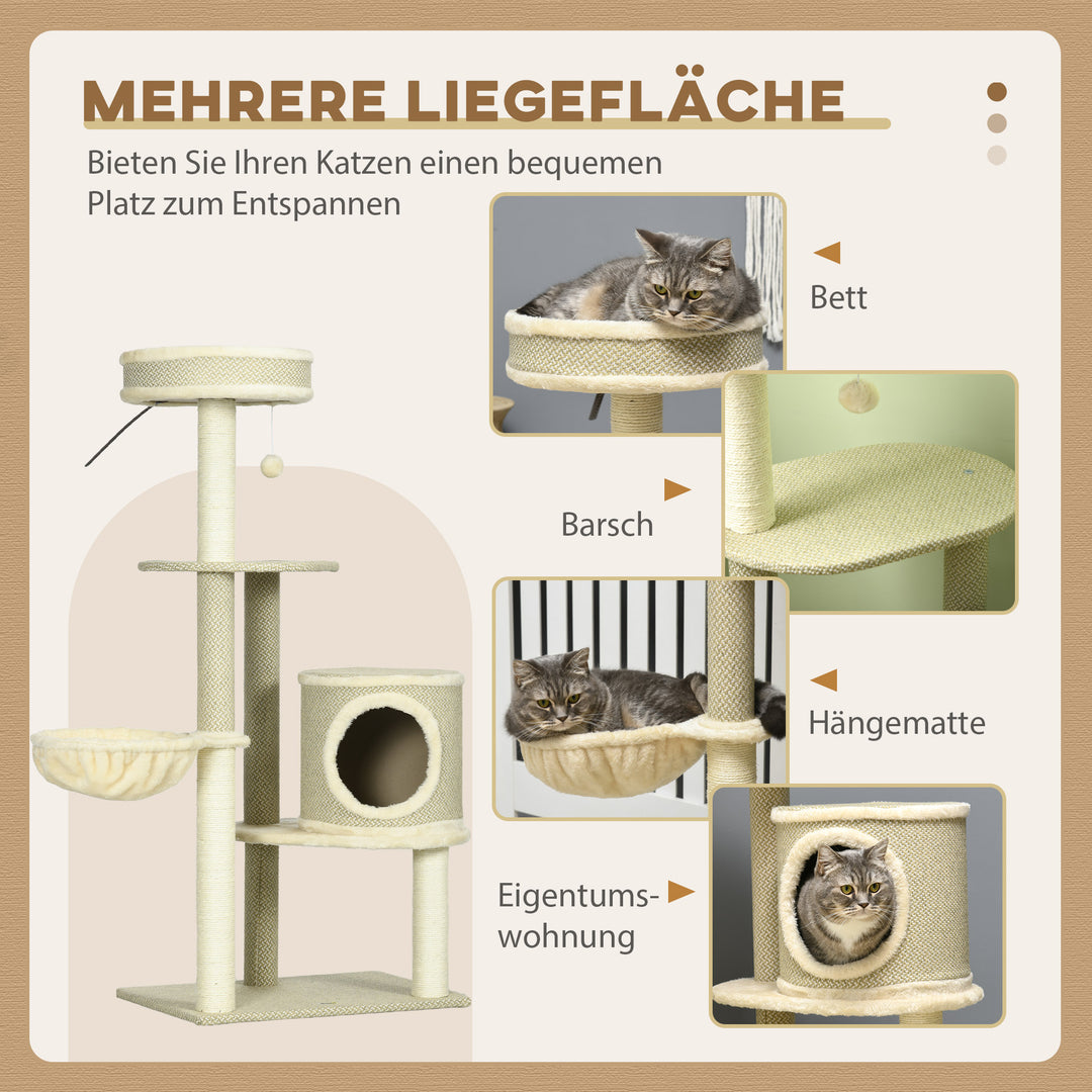Kradsetræ, 1 katteseng, 1 kattehule, 2 platforme, 124 cm x 59 cm x 40 cm + Beige