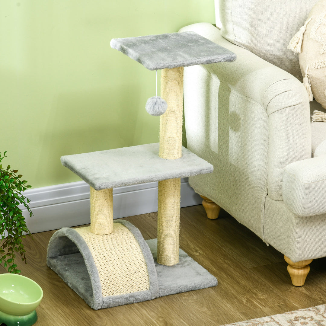 Kradsetræ 72 cm kattetårn med plysbolde, sisalstolper, platform, kradsebræt lysegrå