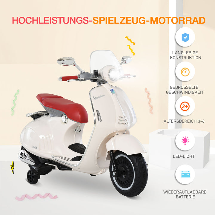 Børne elmotorcykel, 6v børnemotorcykel med forlygte, musik, frem- og bakgear, støttehjul, 30 kg lastkapacitet, elmotorcykel til børn 3-6 år, hvid