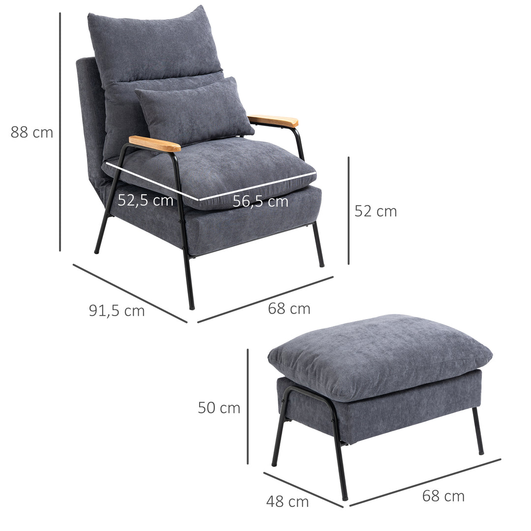 Lænestol med fodskammel, inklusive hynde, 68 cm x 91,5 cm x 88 cm, grå