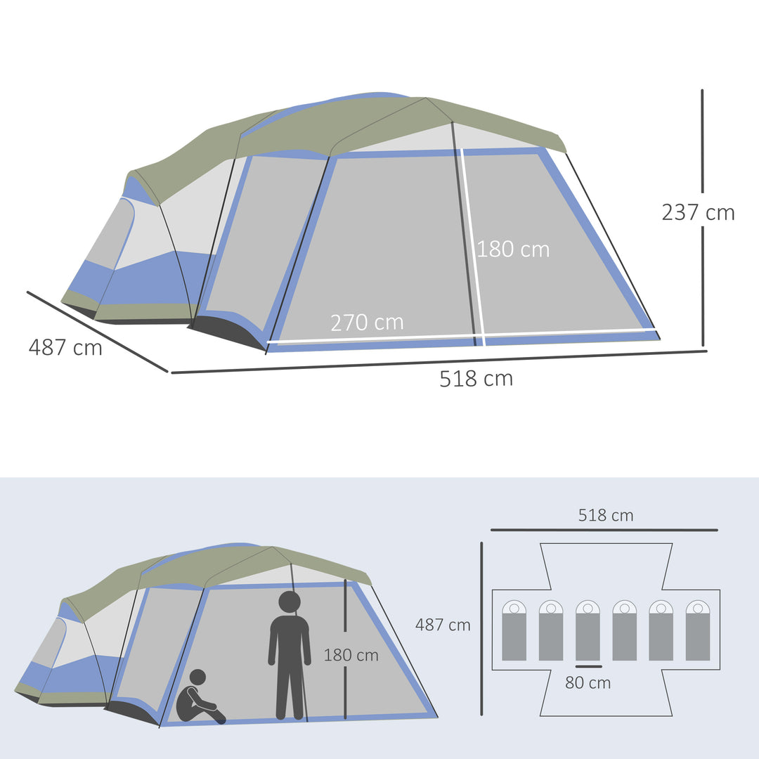 Campingtelt 6-8 personers telt familietelt med forhal, glasfiber, blå, 518 x 487 x 237 cm