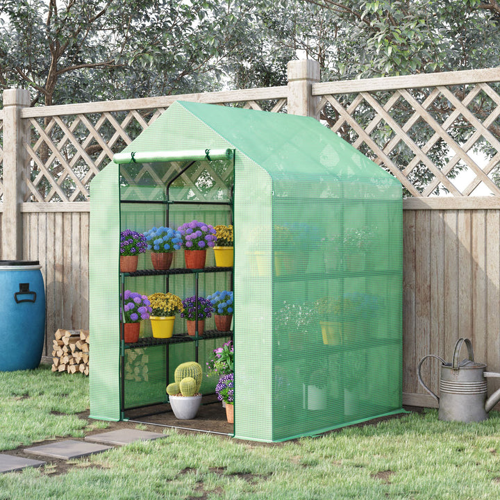Plastikdrivhus, walk-in drivhus med 8 hylder, tomatdrivhus, drivhus, kold ramme med dør, grøn stål, pe-plast, 143 x 138 x 195 cm