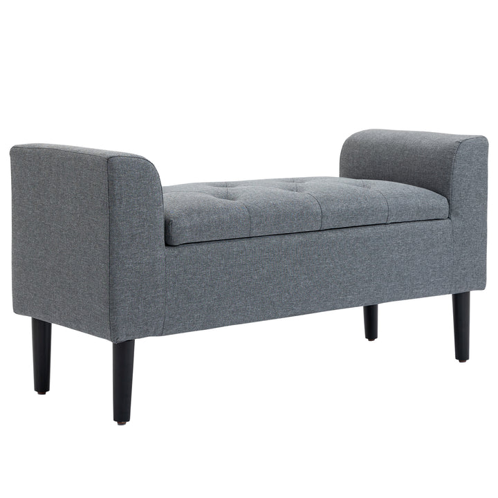 Opbevaringsbænk, polstret bænk, belastningskapacitet op til 130 kg, hørlook, gummitræ, 116 x 44 x 58 cm, lysegrå