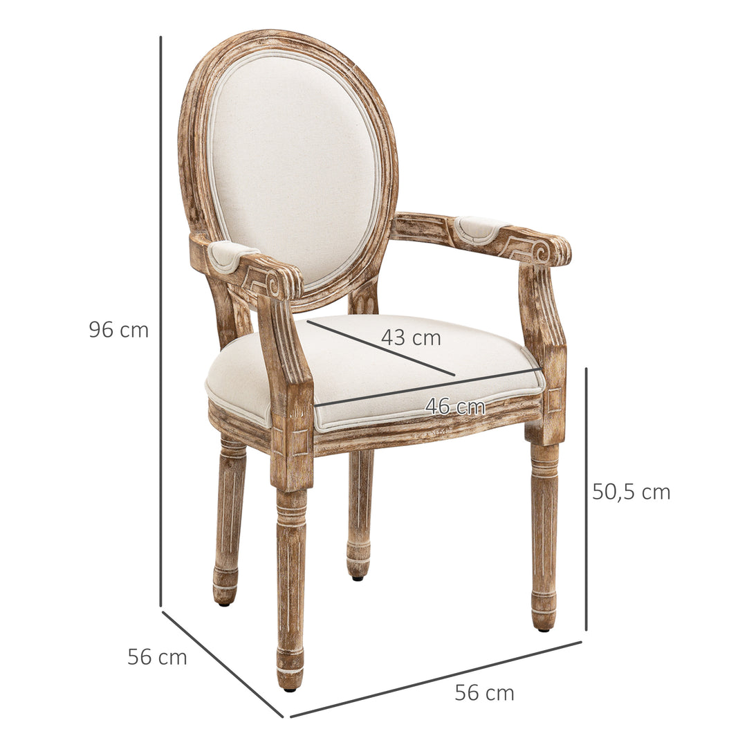 Køkkenstol med armlæn polstret spisestol retro design i hørlook til stue gummitræ cremehvid + lys træfarve 56 x 56 x 96 cm