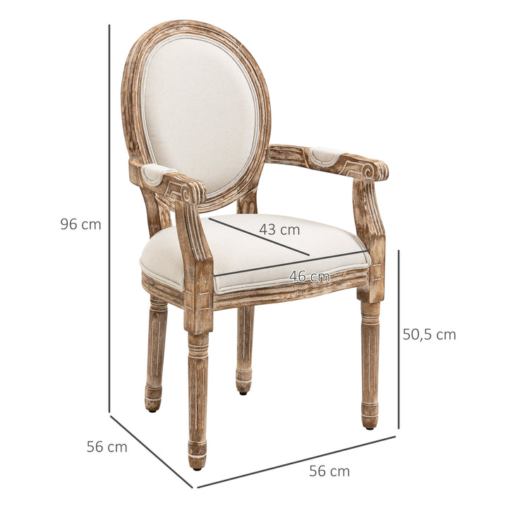 Køkkenstol med armlæn polstret spisestol retro design i hørlook til stue gummitræ cremehvid + lys træfarve 56 x 56 x 96 cm
