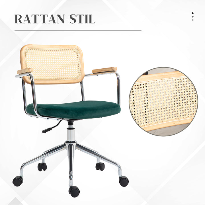 Kontorstol, boho design, armlæn i træ, drejelig, justerbar, op til 120 kg, stål, grøn