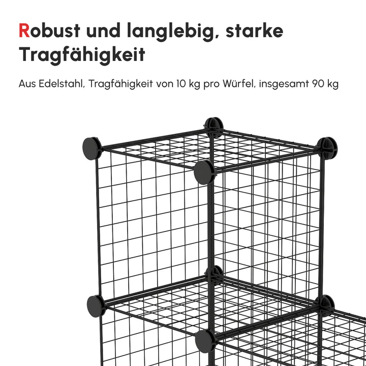 Reol, kubehylde, skohylde, 9 kuber, modulær konstruktion, stål, sort, 35 x 35 x 35 cm pr. kube