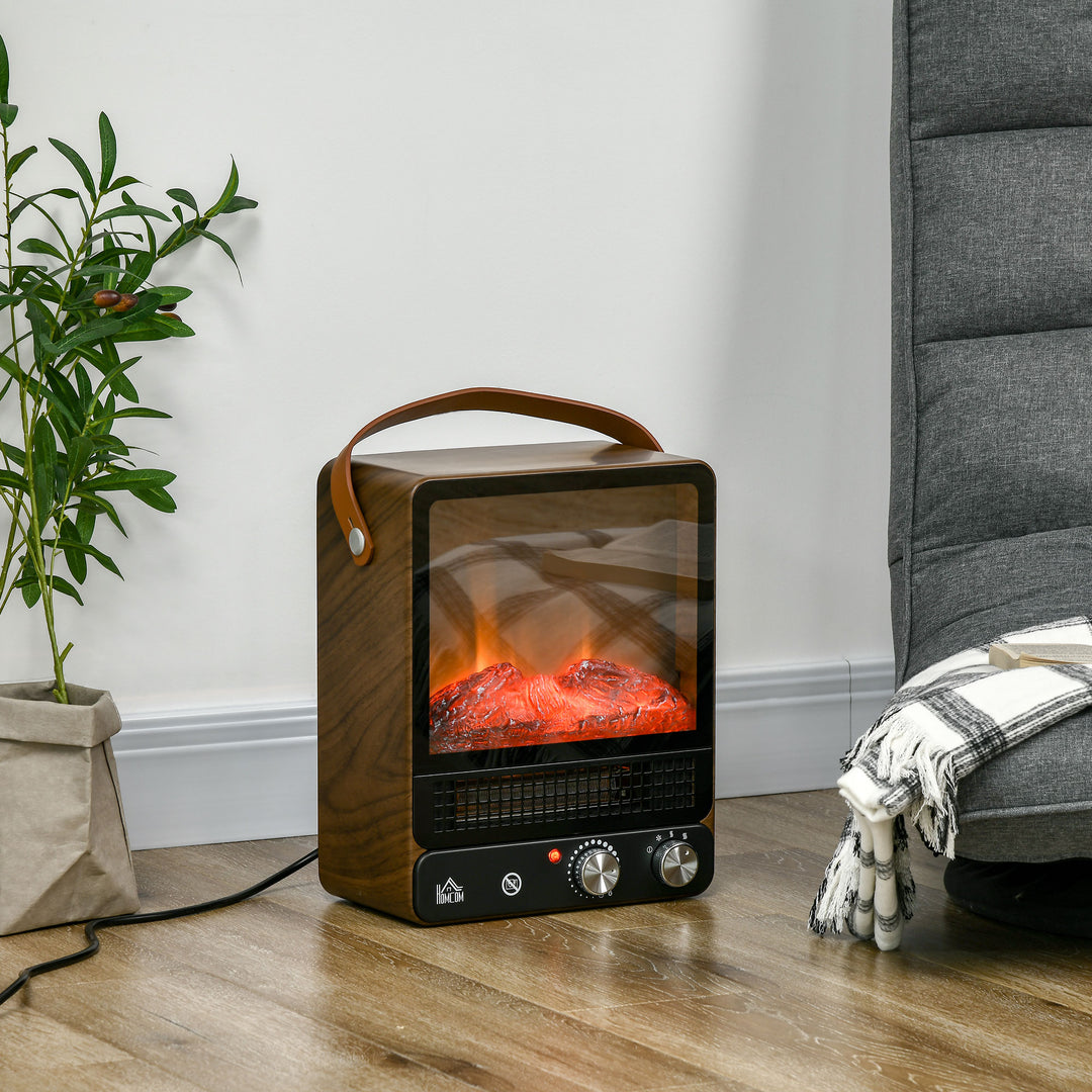 Elektrisk pejs, realistisk ild, 2 opvarmningstilstande op til 50°c, overophedningsbeskyttelse, valnøddefinish, 30,3 x 17,5 x 37,4 cm
