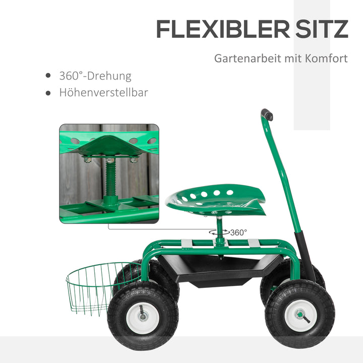 Havevogn med rullesæde (op til 150 kg) med opbevaringskurv til små haveredskaber, mobil værkstedsvogn, styrbart havesæde, sædehøjdejusterbar fra 46-59 cm, metal, gummi, grøn