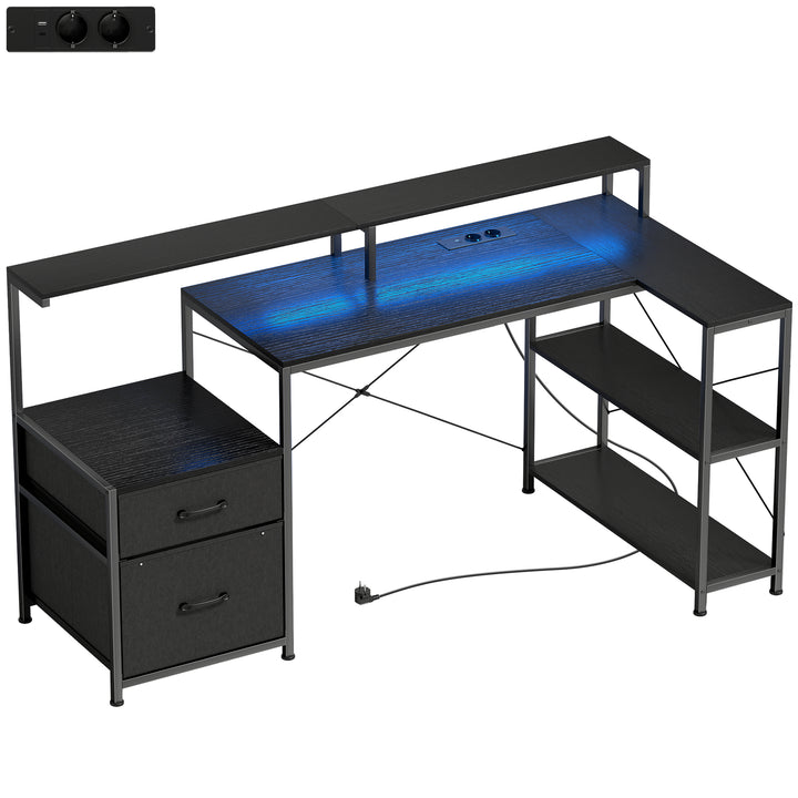 Gamingbord, L-formet, med LED-belysning og stikkontakter, med dobbelt skærmstativ, 165x80x91,5 cm, sort trælook