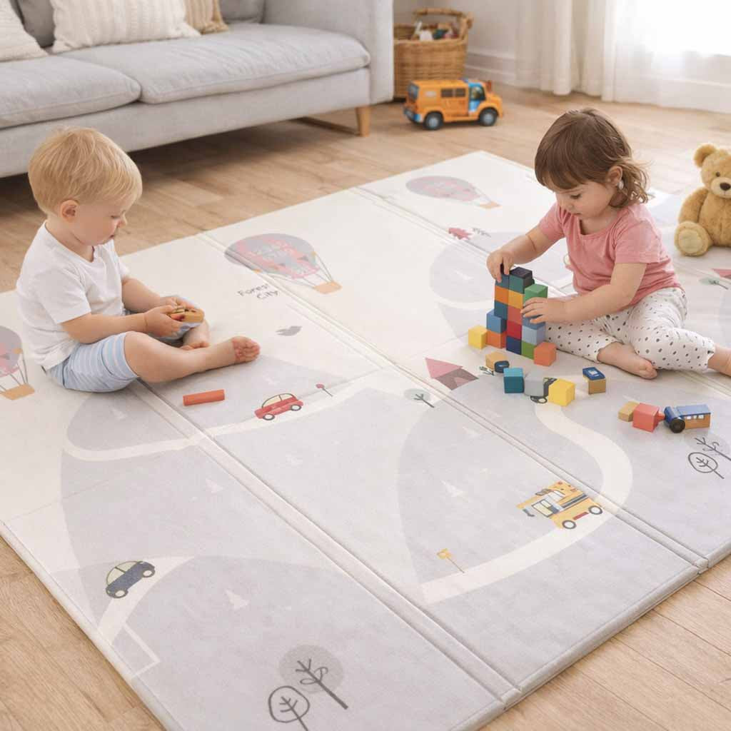 Pædagogisk skummåtte dobbeltsidet foldbar 150x200cm balloner gade