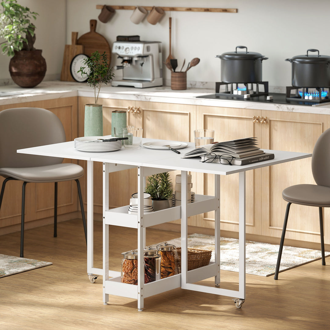 Foldbart spisebord i industrielt design, til op til 4 personer, åbne hylder, fleksibelt, metal, spånplade, hvid
