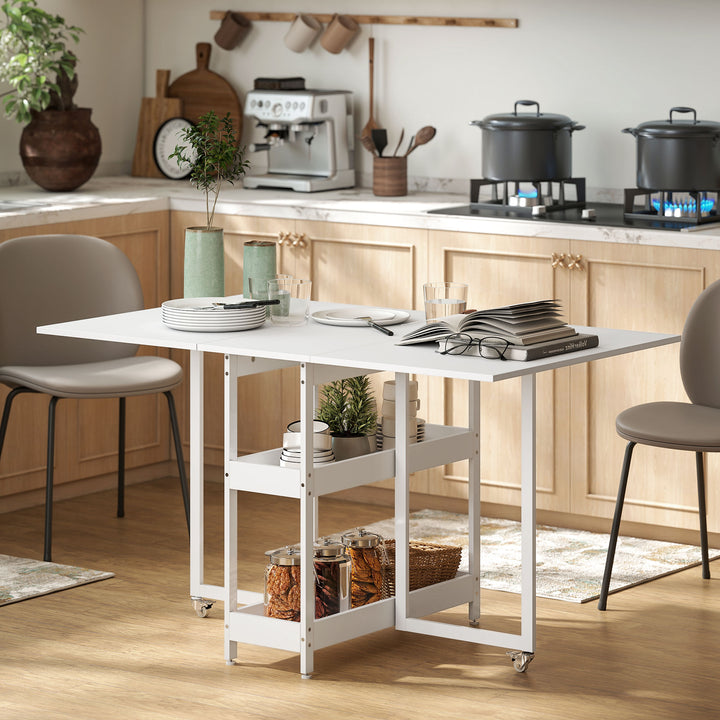 Foldbart spisebord i industrielt design, til op til 4 personer, åbne hylder, fleksibelt, metal, spånplade, hvid