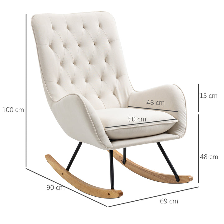 Gyngestol i skandinavisk design, afslappende lænestol, knapsyninger, 69 cm x 90 cm x 100 cm, cremefarvet + naturlig + sort