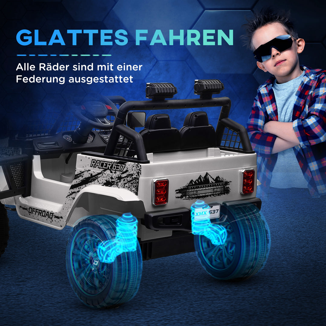 Elbil til børn med blød affjedring, fjernbetjening, led-lys, horn, 12v motorer, lavet af plast og metal, hvid