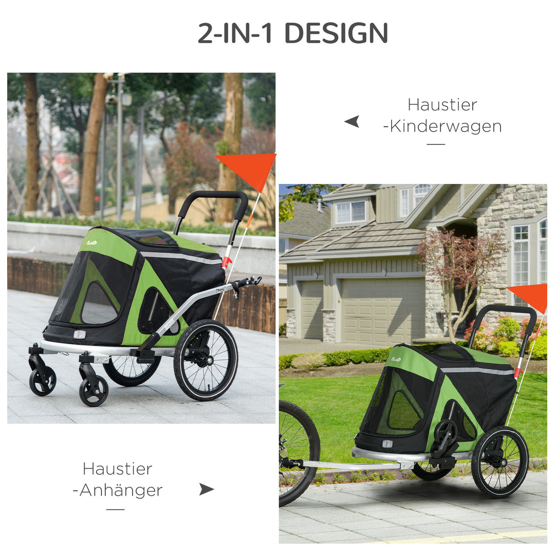 2-i-1 hundebåren/hundejogger/cykeltrailer op til 20 kg, 2 reflekser, 1 sikkerhedsline, 150 x 68 x 95 cm, grøn